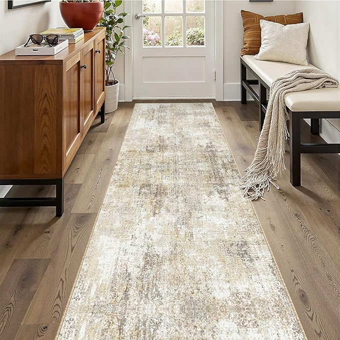 RELEANY Washable Area Rugs 2'x10' Non-Slip Modern Abstract Soft for Living Room Entryway Bedroom Nursery, Print Pattern, Neutral Brown Gray