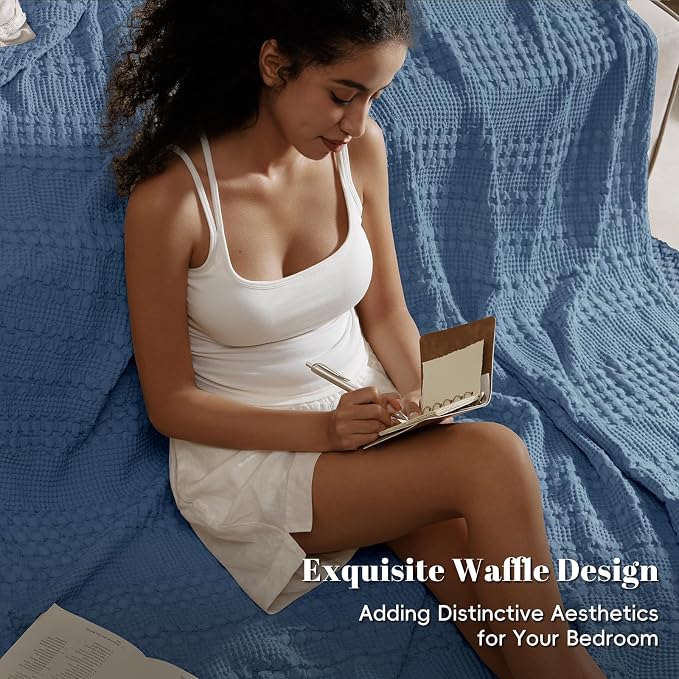 PHF 100% Cotton Waffle Blanket King Size for Bed, Lightweight Breathable and Soft for Summer, Luxury Aesthetic Waffle Weave Blanket for Home Decor & Gifts for Women, 108"x90", Denim Blue