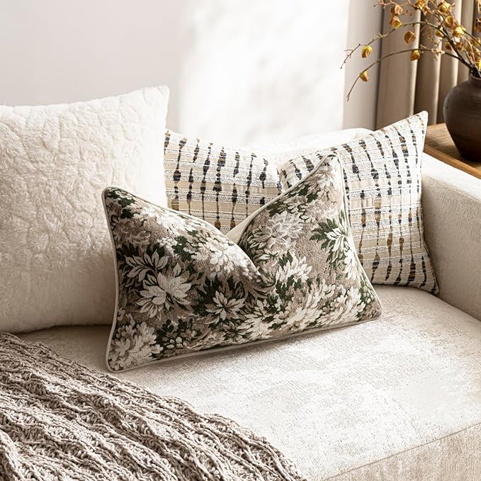 DEZENE Pack of 2 Vintage Floral Pillow Covers 12x20 Boho Farmhouse Accents Chenille Rectangular Lumbar Decorative Throw Pillow Cases for Living Room Couch Bed Home Decor, Green and Taupe