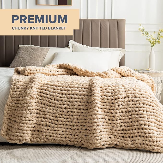 Chunky Knit Blanket Throw - 50"x60" 3.7 lbs. - Soft Chenille Yarn Knitted Blanket - Machine Washable Crochet Blanket - Handmade Cable Knit Throw Blanket for Couch, Bed (Oat White) | Handmade chunky knit throw blanket in oat white â€“ soft chenille yarn...
