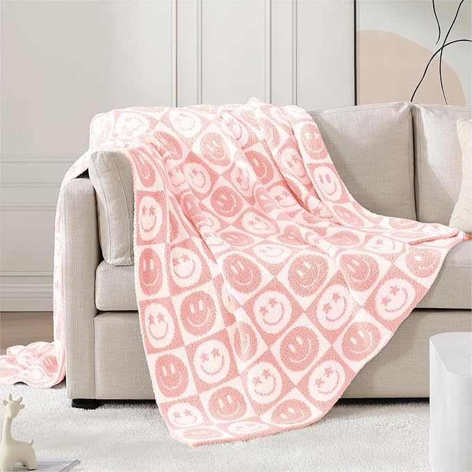 WRENSONGE Soft Checkered Throw Blanket for Couch-Cozy Warm Knitted Blankets | Lightweight Warm Fluffy Decor for Women, Mom, Her & Girls, Sofa, Chair, Bed, 50x60in,Blossom Smiling Face