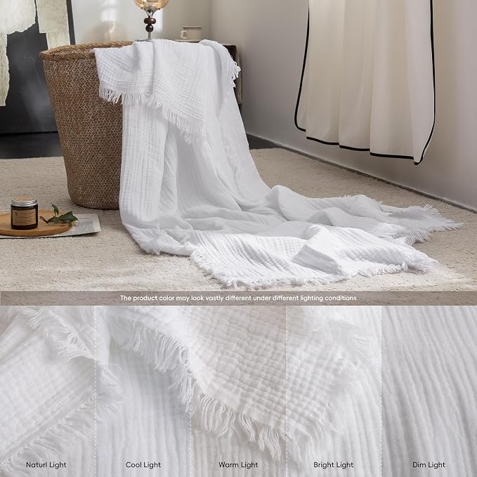 FOSSA Muslin Blanket: 4-Layer 100% Cotton Gauze Blanket with Fringe 98"x98" | Super Soft Breathable Lightweight All Season & Decorative Blanket or Bed, Sofa, Office (Bright White, Oversize Queen)