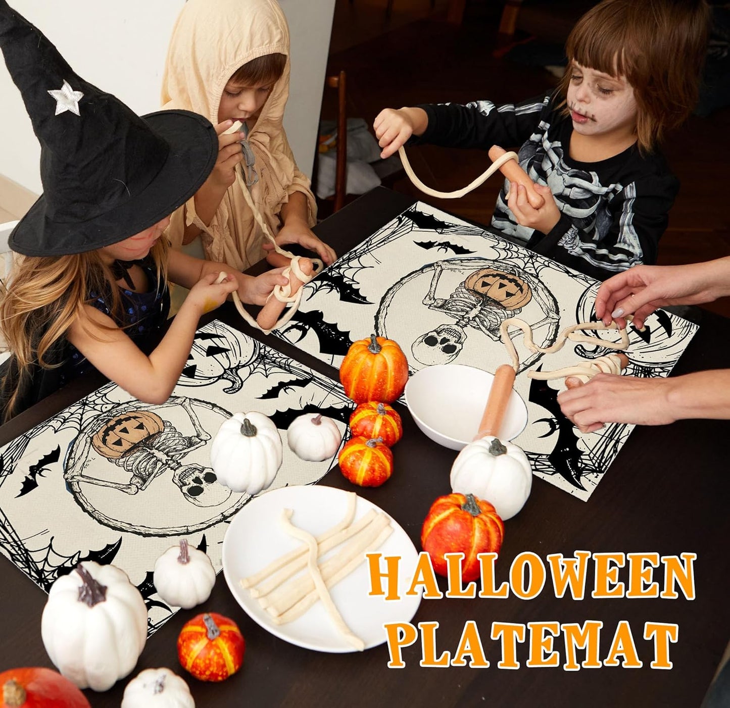 Halloween Skeleton Placemats Set of 4, 12x18 Inch Pumpkin Bats Table Mats, Washable Heat Resistant Place Mats for Kitchen Dining Table, Spooky Themed Decoration for Home-B11