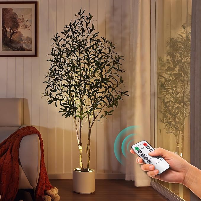 Verinatural Artificial Olive Tree Faux Plants Indoor - 6FT Tall Fake Tree with Remote LED Spotlights, Cylinder Round White Planter - for Modern Home Office Living Room Floor Display, VN214