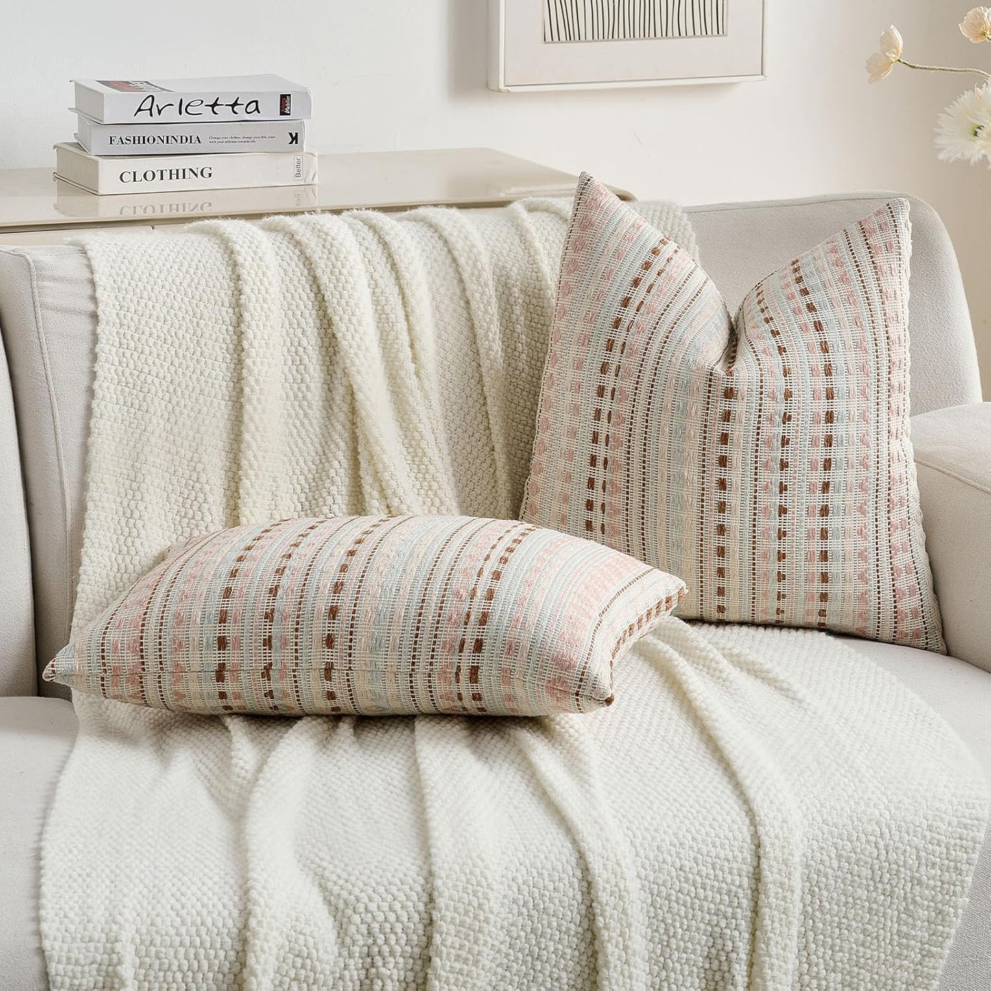 FUTEI Pink Blue Decorative Throw Pillow Covers 18x18 Inch Set of 2,Soft Cozy Chenille Jacquard Textured Cushion Case,Boho Home Decor for Couch Bed Living Room