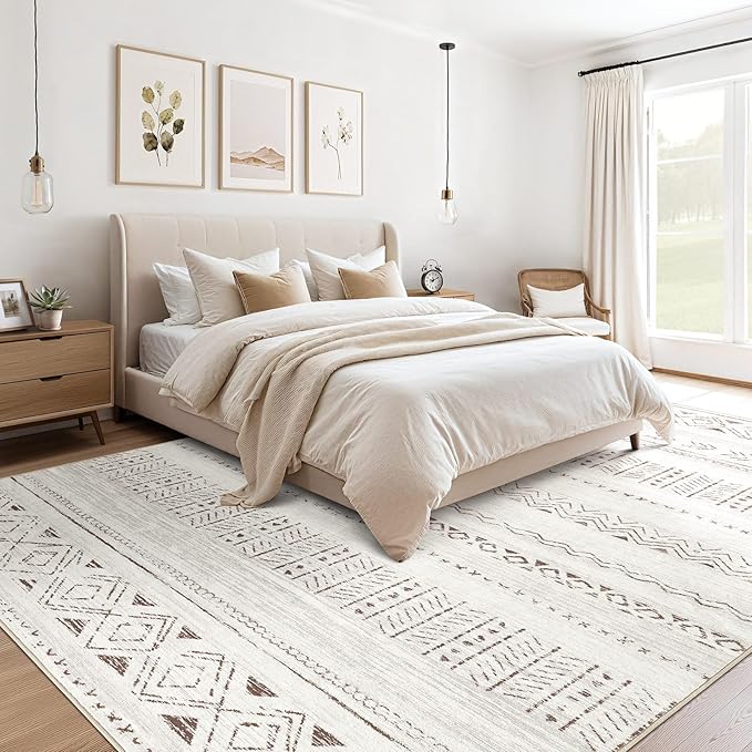 cotiled 12x15 Area Rug Living Room: Washable Boho Rugs with Non Slip Backing Large Soft Indoor Stain Resistant Carpet for Bedroom Farmhouse Dining Room Lightweight Home Decor L Brown/Cream