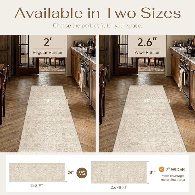 2.6x8 Beige Washable Runner Rug for Living Room Bedroom Neutral Soft Floral Non Slip Runner Rug Lightweight Vintage Low Pile Distressed Carpet Kitchen Hallway Bedroom Bathroom