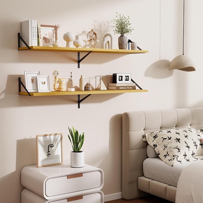Acovy 48inch Floating Shelves for Wall,10" Deep Floating Shelves with Metal Brackets,Wall Mounted Hanging Floating Shelf,Wide Display Shelves for Living Room,Bedroom,Office,Kitchen,Oak