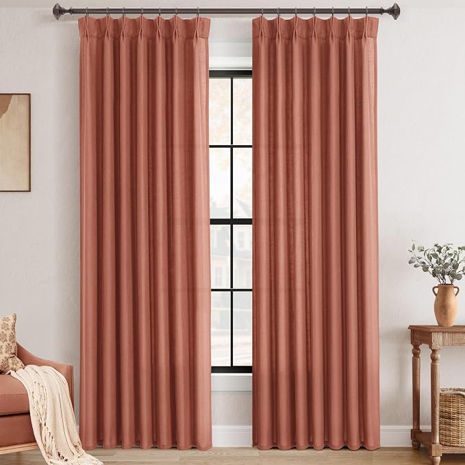 Terracotta Pinch Pleated Linen Curtains 120 Inch Length 2 Panels for Living Room Bedroom Textured Semi Sheer Drapes Pinch Pleat Rings Window Curtain 40x120