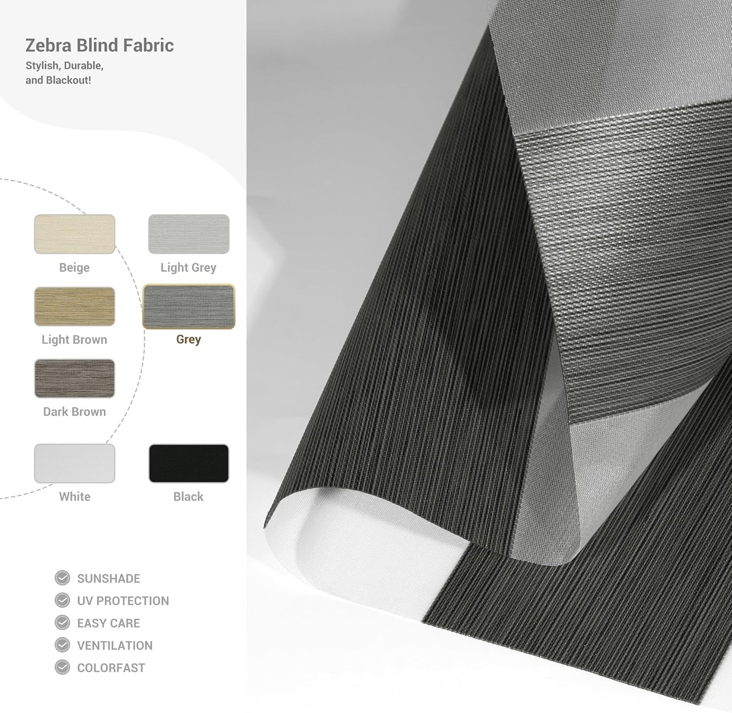 Cordless Zebra Blinds for Windows, Blackout Interior Blinds,Easy to Install,UV Protection,for Offices and Home,Custom Roller Shades, Mousse Grey,48" W x 36" H