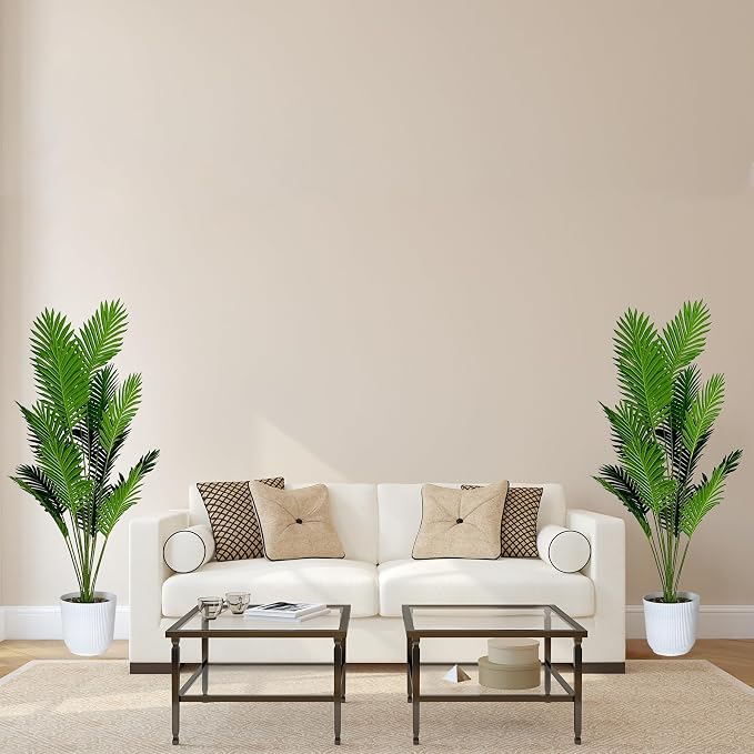 SAJANDAS Set of 2 Artificial Areca Palm Plants in Pots, 50 Inch Fake Tropical Palm Trees with Greenery Leaves and Stems, Faux Dypsis Lutescens Floor Plants for Garden, Store, Office, Home Decoration