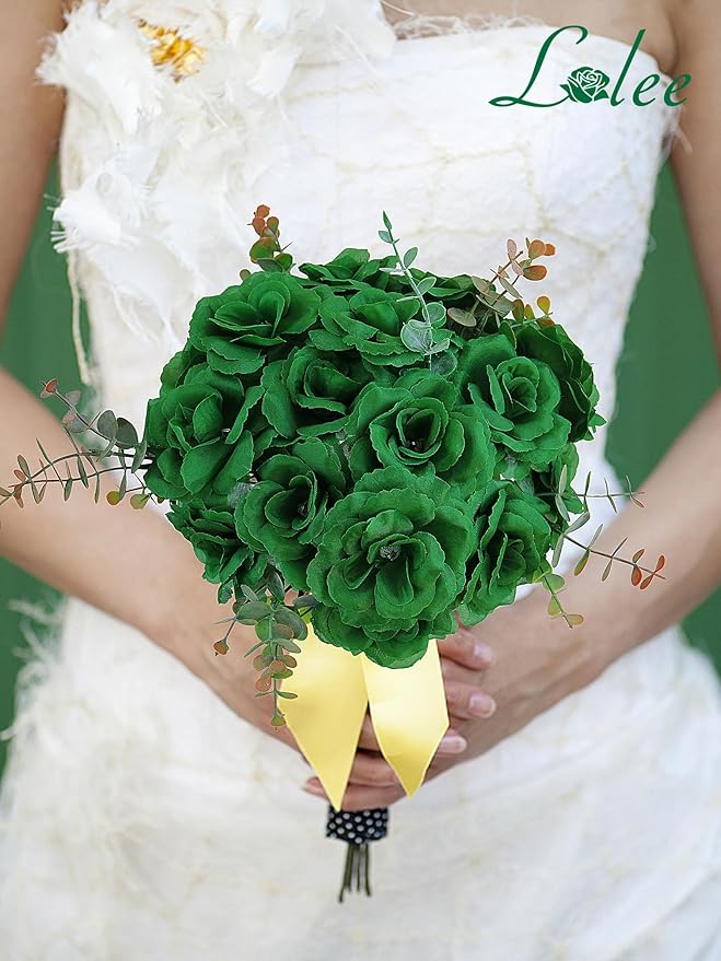 LELEE Rose Head Flowers with Stem - 108pcs Emerald Green Rose Artificial Flowers Bulk - Silk Roses Fake Flower for Wedding Bouquet Party Home Decor DIY Centerpieces Tables St Patrick's Day Decoration