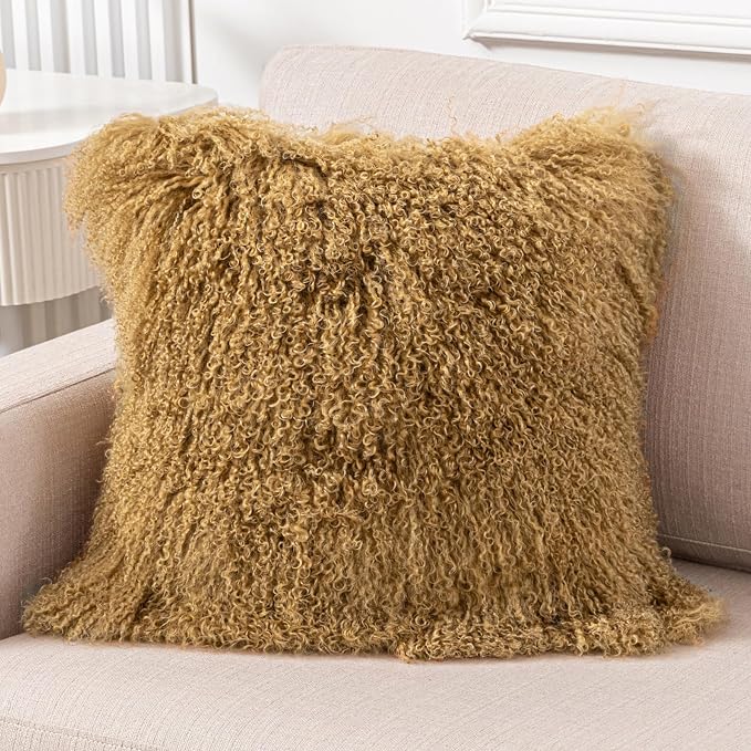 Mongolian Lamb Fur Throw Pillow Cover Real Fur Sheepskin Throw Square Cushion Fluffy Curly Wool Soft for Living Rooms Khaki 20X20in