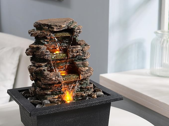 MAOCHI Tabletop Water Fountain, Home Décor Soothing Sound Machine with Automatic Pump, Deep Basin and Natural River Rocks. Indoor Zen Relaxation for Office, Living Room, or Bedroom Décor.