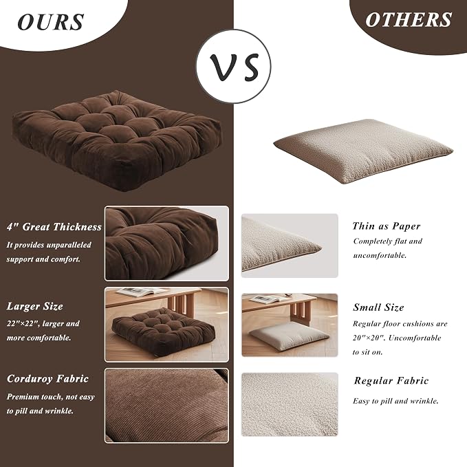 Meditation Floor Pillow 22×22 Inch 1 Pack Large Floor Cushions for Adults Square Tufted Corduroy Floor Pillows for Yoga Living Tatami Room Coffee