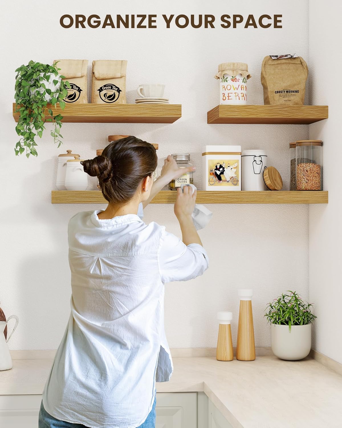 Marsmiles 72" Floating Shelves for Wall, Wooden Shelves with Invisible Brackets Set of 2, Rustic Farmhouse Wall Mounted Shelf for Kitchen Bathroom Living Room Study, Natural Oak