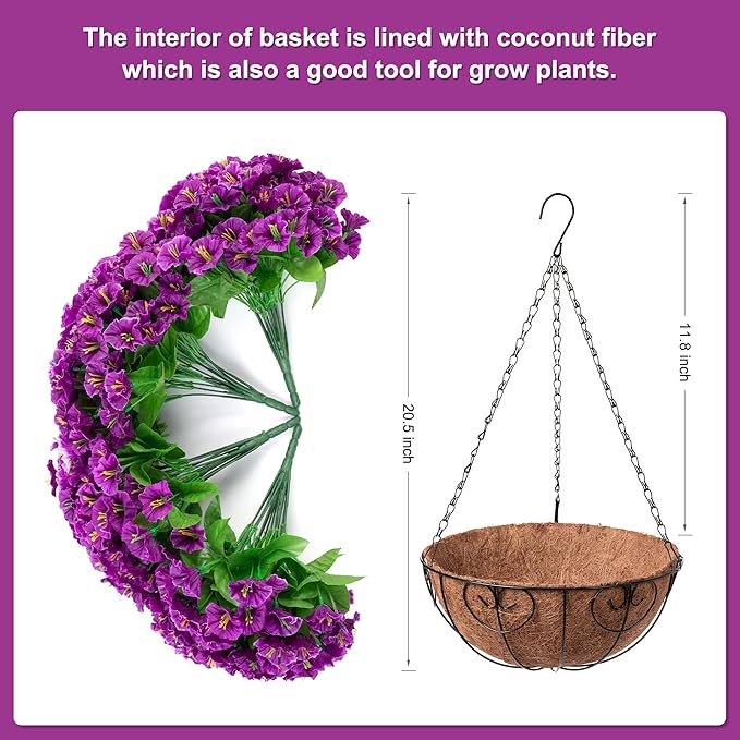 Artificial Hanging Flower Plants with Basket for Spring Summer Outdoor Decoration, Faux Petunias Flowers Fake Morning Glory Planter for Outside Patio Garden Porch Balcony Yard Spring Decor(Lotus)