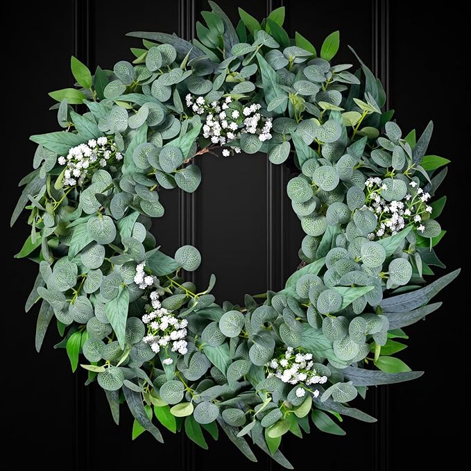 Eucalyptus Wreath for Front Door All Seasons, 20-22" Spring Summer Silk Greenery Wreath for Porch Wall, Artificial Farmhouse Home Decor for Indoor Outdoor