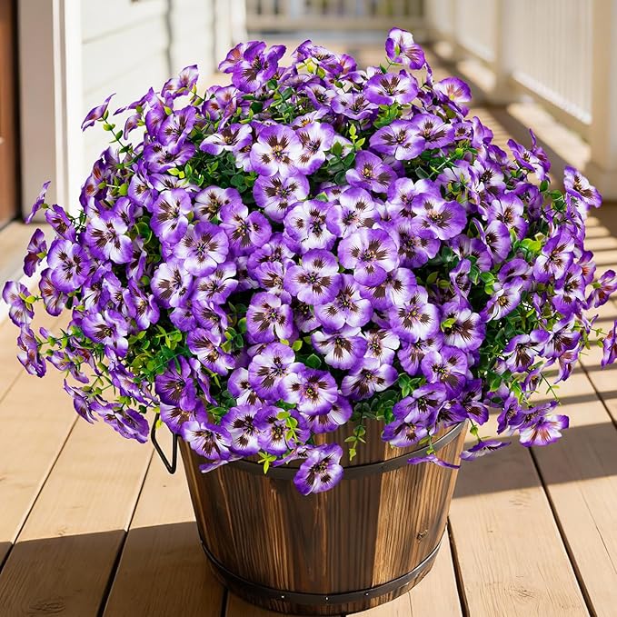 24 Pcs Artificial Fake Pansy Flowers for Outdoor,Faux Silk Plants Flowers UV Resistant Pansies Spring Flowers for Planter Front Door Porch Yard Patio garden Window Box Home Decor(Purple White)