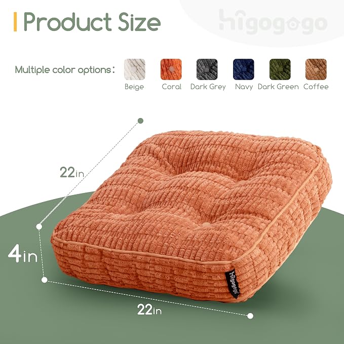 HIGOGOGO Floor Pillow Cushion for Adults, Meditation Cushion Pillow, Blended Corduroy Cover, Large Square Floor Sitting for Tatami Living Room or Yoga, 22x22 Inch, Coral
