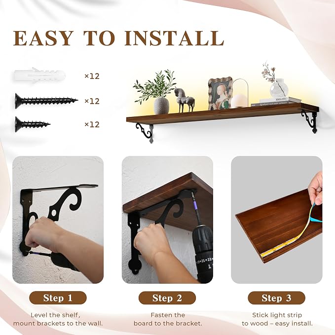36 Inch 2 Tier Solid Wood Floating Shelves with LED Light, Metal Brackets | 36 inch solid pine shelves, 2 tier, warm LED light, walnut finish, metal brackets for books and decor
