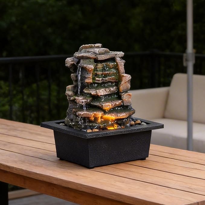 GOSSI Home Décor Waterfall Meditation Fountain Indoor Tabletop Many Natural River Rocks Decorated Office Home Tabletop Fountion with LED Lights Christmas Decorations
