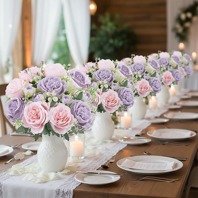 12 Bundles Peonies Artificial Flowers Bouquet, Lifelike Silk Fake Peonies with Stems for Home Table Centerpieces, Wedding, Party & DIY Bridal Floral Arrangements（Light Purple）