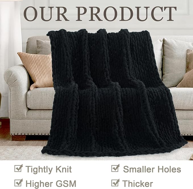 Chunky Knit Throw Blanket 50x60, 100% Handmade Chenille Yarn | 4.4lbs Soft Thick Cable Knitted Blankets, Large Rope Knot Crochet Throws for Couch Sofa Bed Machine Washable, Black