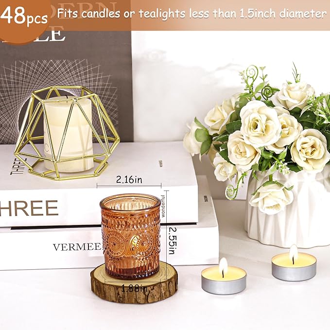 48 Pcs Amber Glass Votive Candle Holders, Tealight Candle Holders for Table Centerpieces, Vintage Candle Holder Bulk, Boho Wedding, Home, Bridal Shower, Birthday Party Table Decor (Amber)