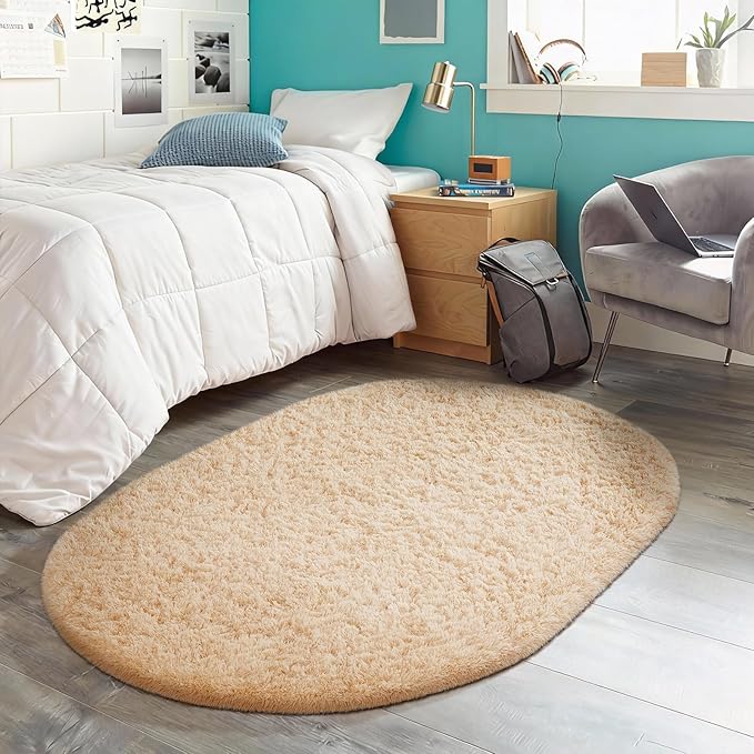 Ophanie 3x5 Beige Oval Rugs for Bedroom Living Room, Small Fluffy Fuzzy Carpet, Plush Soft Shaggy Bedside Indoor Floor Area Rug for Kids Girls Boys Baby Teen Dorm College Nursery Home Decor Aesthetic