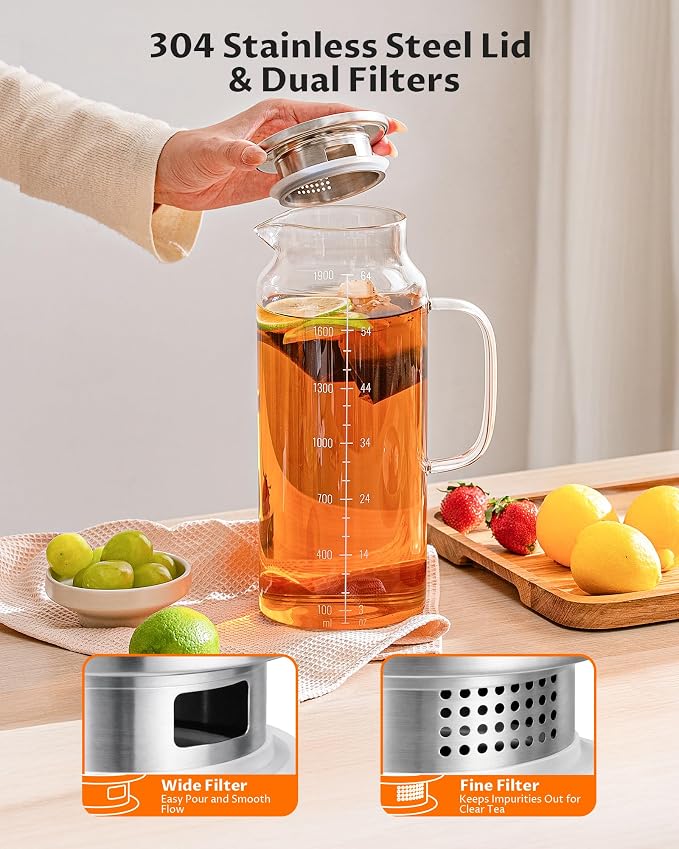 68oz Borosilicate Glass Pitcher with Lid and Handle – Dual Filter Spout, 300°F High-Temperature Resistant Carafe for Hot & Cold Drinks, Perfect for Iced Sun Tea, Coffee, BreastMilk, and Fridge Storage