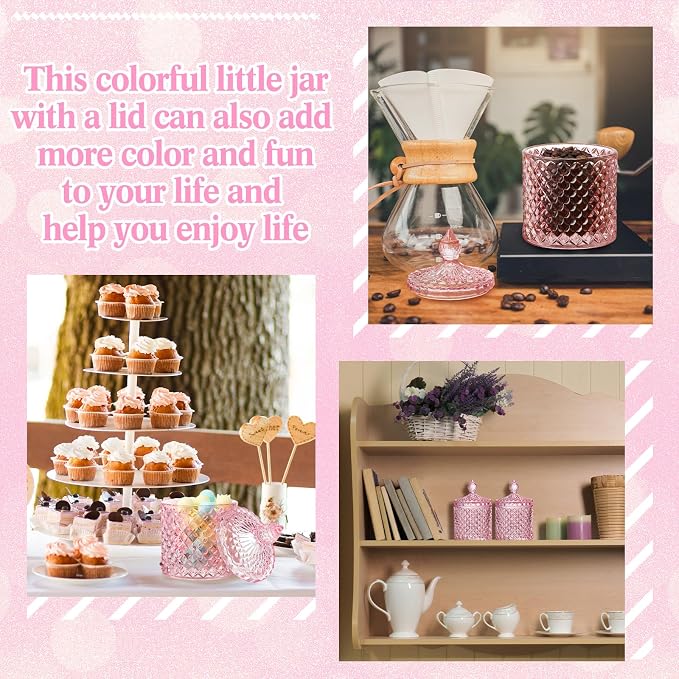 Aoriher 4 Pcs Crystal Glass Candy Jar Set with Lids Home Decorative Storage Jars for Apothecary, Bathroom, Kitchen, and Pantry, Ideal for Cotton Swabs and Jewelry(Medium,Pink)