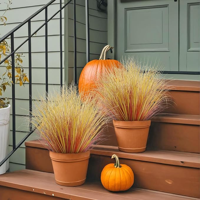 32 Bundles Artificial Fall Plants Outdoor Fake Shrubs Autumn Wheat Grass 20 Inch Fall Greenery Stems Tall Onion Grass UV Resistant Faux Bushes Plant for Garden Farmhouse Thanksgiving Fall Decor