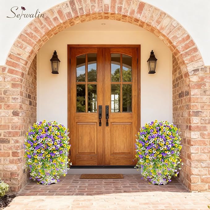 Serwalin Artificial Fake Hanging Flowers for Outdoors Planters,6PCS UV Resistant Faux Pansy Spring Flowers for Outside Porch Patio Garden Window Box (Yellow Purple White)