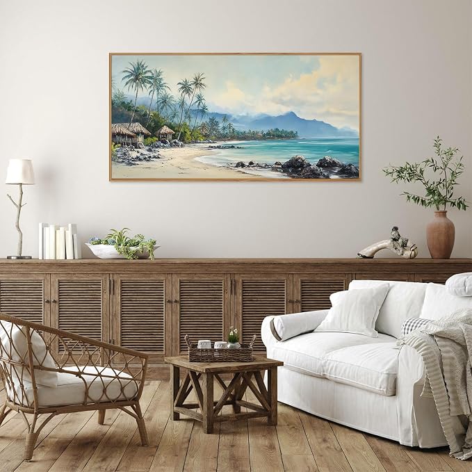 Rantodecor Tropical Coastal Framed Canvas Wall Art, Beach Landscape Posters Wall Decor, Island Palm Trees Beach House Art Paintings, Seascape Mountains Artwork for Bedroom Living Room Office 40"x20"