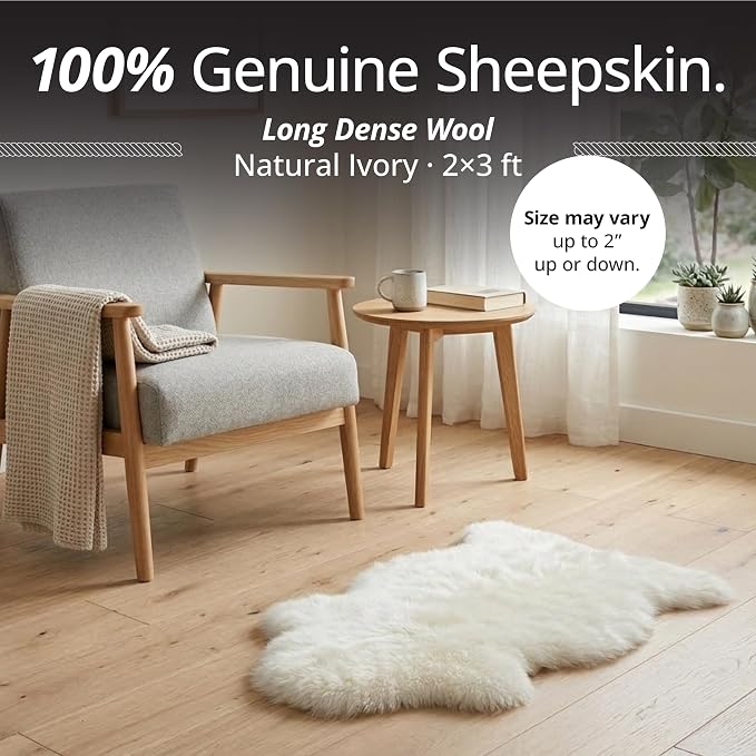 Premium Genuine Sheepskin Rug – Soft & Fluffy Single Pelt (2’ x 3’) Natural Ivory White Lambskin Area Rug for Bedroom, Living Room Or Chair Cover Sheepskin Throw – Made in Argentina