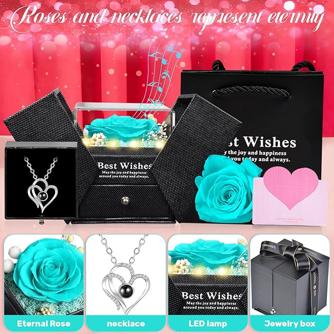 Pasuvsigt Mothers Day Mom Birthday Gifts for Women, Preserved Real Rose with I Love You Heart 100-Language Necklace, LED Lights & Music Box, Anniversary for Women Girlfriend Mom