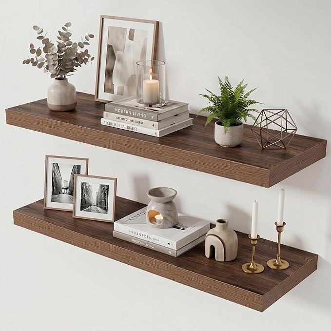 Acovy 36 Inch Floating Shelves for Wall Set of 2,12" Deep Floating Shelf Wall Mounted with Invisible Brackets,Rustic Bookshelf Wooden Storage Shelf for Living Room,Kitchen,Bathroom,Walnut