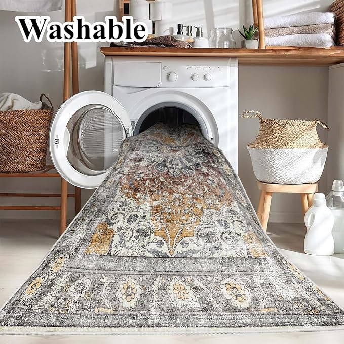 CHAMPLANT Area Rug 5x7 Washable Rug Brown Vintage Traditional Floor Cover Foldable Thin Retro Kitchen Accent Indoor Distressed Non Slip Carpet Bedroom Living Room Bathroom