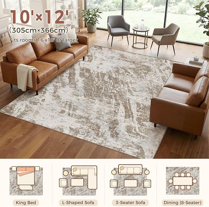 DMOYEST 10x12 Washable Area Rug: Abstract Modern Non-Slip Carpet, Soft Low Pile Indoor Neutral Easy Clean Floor Rugs for Living Room Bedroom Dining Room Kids & Pets - Brown