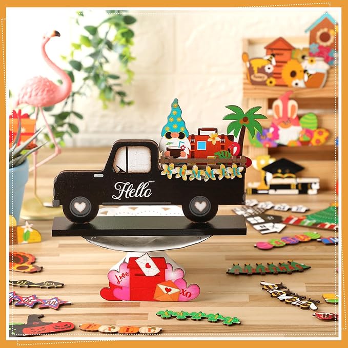 34 Pcs Small Interchangeable Patriotic Truck Decor 4th of July Table Centerpiece Holiday Seasonal Sign Farmhouse Wood Home Office Desk Accessories Memorial Day Tiered Tray Decorations Gift