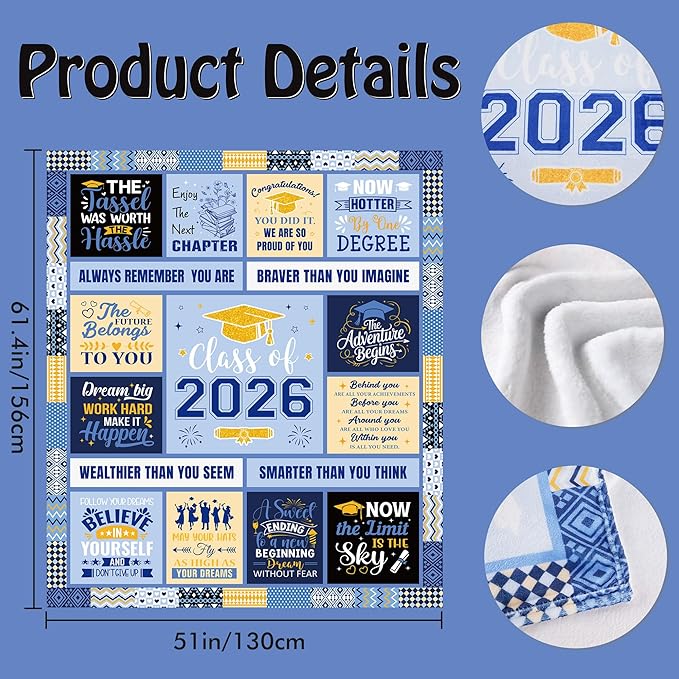 Graduation Blanket Gifts for Him, Soft Cozy Blue Class of 2026 Throw Blanket, Inspirational Quotes Graduation Blanket, 50"x60"