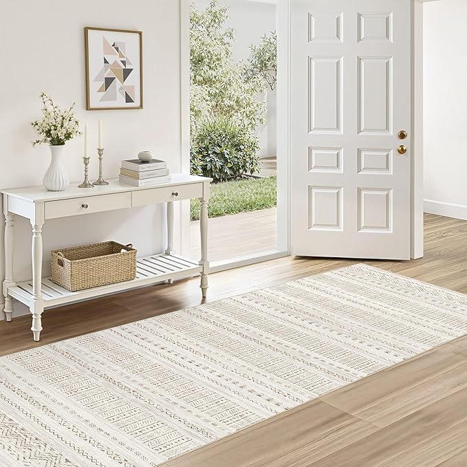 cotiled Hallway 2.6x8 Runner Rugs: Washable Boho Rugs with Non Slip Backing Large Soft Indoor Low Pile Carpet for Living Room Bedroom Farmhouse Dining Room Lightweight Home Decor Brown/Cream