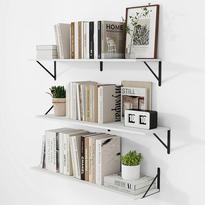 Vivelove White Deep Floating Shelves for Wall, 36W x 8D Wood Wall Shelves Set of 3, Wide Floating Bookshelf for Living Room, Kitchen, Office, Bedroom and Decor Storage, with Black Bracket - White