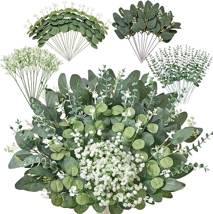 60 PCS 4 Kinds Mixed Artificial Greenery Stems,Baby Breath Flowers Artificial Bulk with Fake Eucalyptus Stems for Wedding Vase Bouquet Home Floral Decor