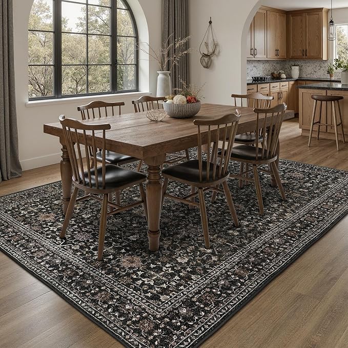 DCX Black 5x7 Rug, Kid & Pet Friendly with Rubber Back Non Slip, Machine Washable Stain Resistant Vintage Traditional Distressed Carpet, Rug for Living Room, Bedroom, Home Decor