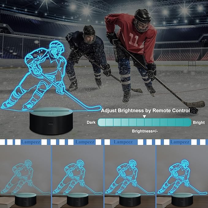 Lampeez Ice Hockey Player 3D Night Lights for Kids LED 16 Colors Remote Control Changing Touch Dimmable Table Desk Lamp Birthday Xmas Gifts Home Decor for Sports Hockey Fan
