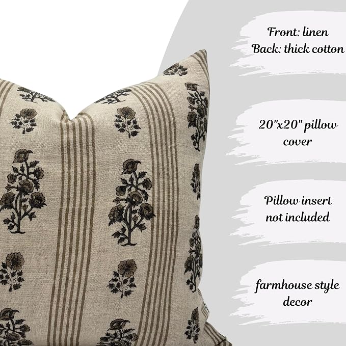Linen Blue Throw Pillow Covers 18x18 inch Beige Stripe Floral Pillows Spring Decorative Pillow Covers for Living Room Bedroom