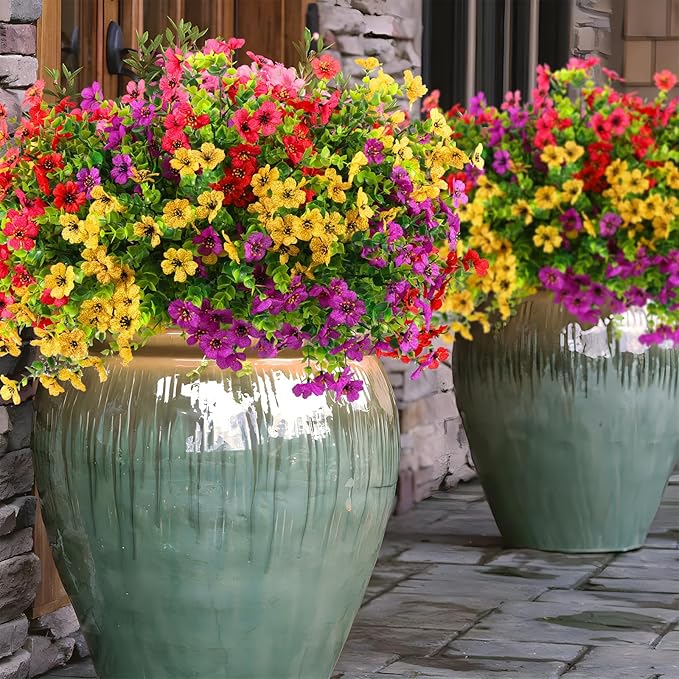 Rowfad 36 Bundles Artificial Flowers Outdoors UV Resistant Fake Plastic Spring Mum Flowers Colorful Silk Plants for Outside Porch Window Patio Home Decor(36, Red, Purple, Yellow, Rose Red)
