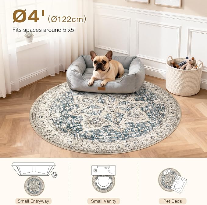 Tortania 4' Round Area Rug Living Room Rugs - Washable Boho Rug Vintage Oriental Distressed Farmhouse Large Thin Indoor Carpet for Bedroom Under Dining Table Home Office - Cream/Blue